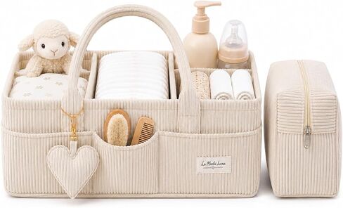 Baby Diaper Caddy Organizer w Handles, Soft Corduroy Nursery Storage Basket, Portable Diaper Organizer Bin for Wipes, Newborn Baby Essentials, Baby Shower and Registry Gift in Kuwait