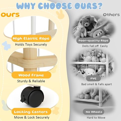 Rexlebo 54in Stuffed Animal Storage, 3-Tier Wooden Plushies Storage Rack with Lockable Wheels, Space-Saving Stuffed Animal Zoo Holder for Nursery, Playroom, Kids Bedroom in Kuwait