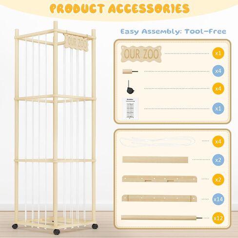 Rexlebo 54in Stuffed Animal Storage, 3-Tier Wooden Plushies Storage Rack with Lockable Wheels, Space-Saving Stuffed Animal Zoo Holder for Nursery, Playroom, Kids Bedroom in Kuwait