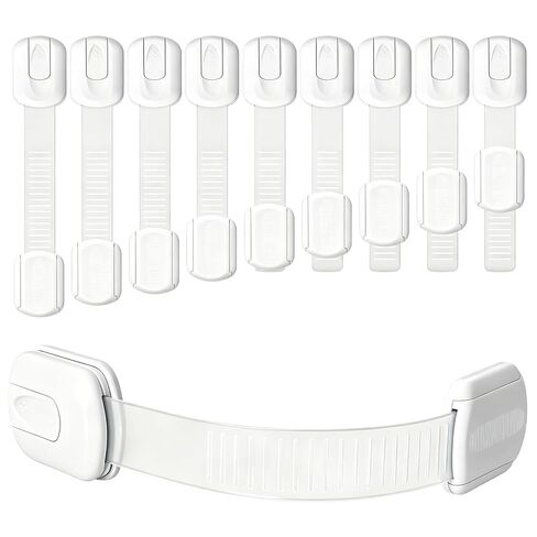 10 Pack Cabinet Locks Baby Proofing - Easy Install with Strong Self - Adhesive Tape & Adjustable Straps - Multi-Purpose Child Locks for Cabinets, Drawers, Fridge, Toilet, Oven, Trash Can - White in Kuwait