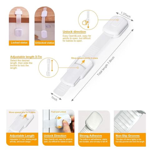 10 Pack Cabinet Locks Baby Proofing - Easy Install with Strong Self - Adhesive Tape & Adjustable Straps - Multi-Purpose Child Locks for Cabinets, Drawers, Fridge, Toilet, Oven, Trash Can - White in Kuwait