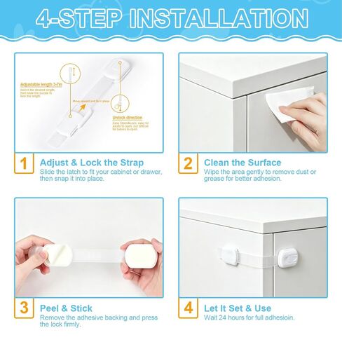 10 Pack Cabinet Locks Baby Proofing - Easy Install with Strong Self - Adhesive Tape & Adjustable Straps - Multi-Purpose Child Locks for Cabinets, Drawers, Fridge, Toilet, Oven, Trash Can - White in Kuwait