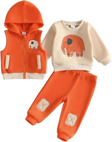 Toddler Boy Vest Set Layered 3pc Outfits for Cold Autumn Playground Play | Polyester Blend Fleece, Hooded Zipper Vest, Soft Crewneck Sweatshirt, Patch Pants With Knee Details, Cute Elephant Cartoon in Kuwait