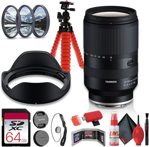 Tamron 18-300mm F3.5-6.3 Di III-A VC VXD All-in-One Zoom Lens for Fujifilm X-Mount APS-C Mirrorless Cameras, Image Stabilization + 64GB Memory Card + Flexible Tripod + Card Reader (8pc Bundle) in Kuwait