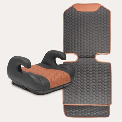 Owleys Premium Car Seat Protection Bundle: Black-Brown Backless Booster Seat with Latch (40-100 lbs) and Waterproof Hexy Eco-Leather Seat Protector - 2-Piece Set for Luxury Vehicle Interiors in Kuwait