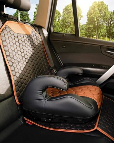 Owleys Premium Car Seat Protection Bundle: Black-Brown Backless Booster Seat with Latch (40-100 lbs) and Waterproof Hexy Eco-Leather Seat Protector - 2-Piece Set for Luxury Vehicle Interiors in Kuwait