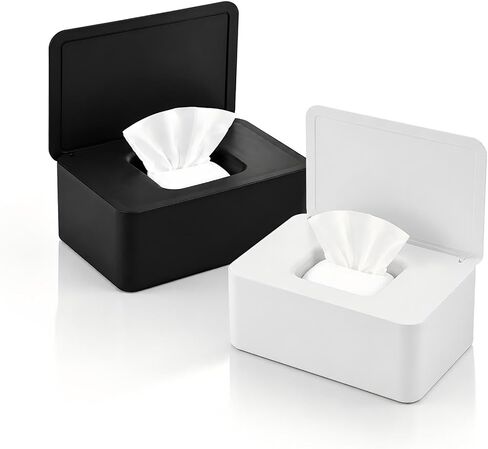 2 Pack Diaper Wipes Dispenser with Sealing Lid, Refillable Wet Wipes Container, Non-Slip Wipe Holder for Bathroom, Car & Travel, Black & White in Kuwait
