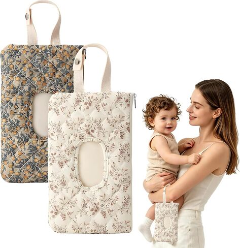 2 Pcs Quilted Diaper and Wipes Pouch Portable Hanging Floral Wet Wipe Bag Reusable Travel Wipe Holder for Stroller Car Diaper Bag Organizer in Kuwait