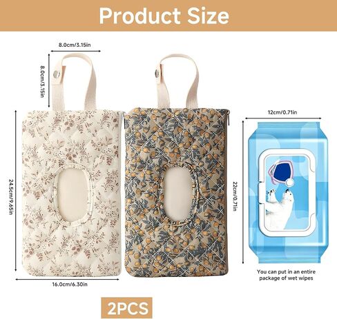 2 Pcs Quilted Diaper and Wipes Pouch Portable Hanging Floral Wet Wipe Bag Reusable Travel Wipe Holder for Stroller Car Diaper Bag Organizer in Kuwait