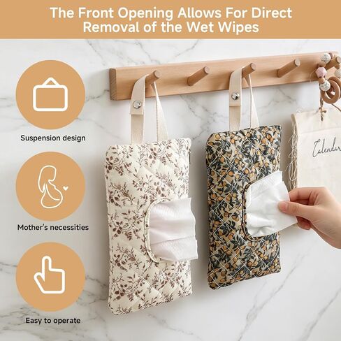 2 Pcs Quilted Diaper and Wipes Pouch Portable Hanging Floral Wet Wipe Bag Reusable Travel Wipe Holder for Stroller Car Diaper Bag Organizer in Kuwait