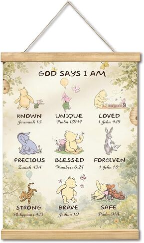 WUAWN God Says I Am Winnie The Pooh Room Decor，Biblical Affirmations for Kids Wall Art,Winnie The Pooh Baby Decorations for Nursery,Wooden Hanging Rod Religious Gifts-03 in Kuwait