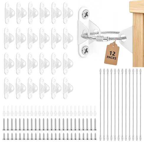 12 Pack Furniture Anchors for Baby Proofing, Anti Tip Furniture Straps for Wall, Metal Safety Anchors, Earthquake Straps for Dresser, Cabinet, Bookshelf, Child Safety (White) in Kuwait