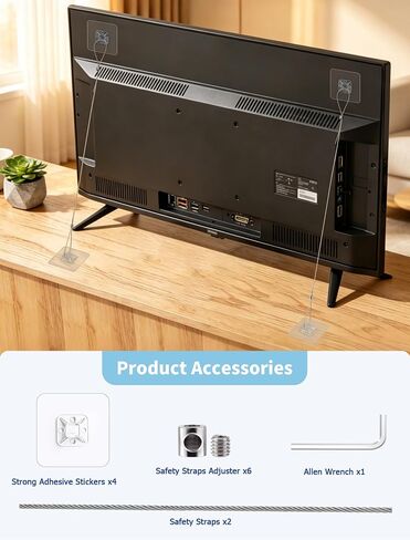 Adjustable TV Safety Straps, 47'' Metal TV Straps for Baby & Pets Proofing | No-Drill Adhesive Anti-Tip Furniture Anchors , No Plastic Parts for Fixing Flat-Screen TV, Dressers, Bookcases - 2 Pack in Kuwait