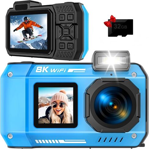 6K Underwater Camera, 33FT 70MP Waterproof Camera for Snorkeling Rugged Dustproof Shockproof Dual-Screen Selfie 2500mAh Battery, Autofocus Point-and-Shoot Digital Camera(Orange) in Kuwait
