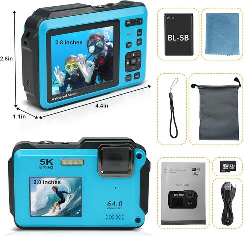 5K Underwater Camera 16FT Waterproof Camera with 32GB Card 64MP Autofocus Dual-Screen Selfie Underwater Camera for Snorkeling Waterproof Compact Floatable Digital Camera | Dual-Screen Selfie Underwater Camera for Snorkeling Waterproof Compact Floatable Di in Kuwait