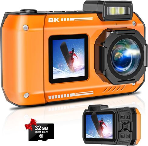 6K Underwater Camera, 33FT 70MP Waterproof Camera for Snorkeling Rugged Dustproof Shockproof Dual-Screen Selfie 2500mAh Battery, Autofocus Point-and-Shoot Digital Camera(Orange) in Kuwait