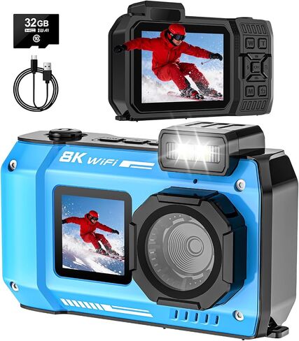 UHD 8K 70MP Floatable Underwater Camera, 33FT WiFi Waterproof Digital Camera Auto Focus Dual-Screen Selfie, 18X Zoom 2500mAh Battery with 32GB Card for Snorkeling in Saudi Arabia