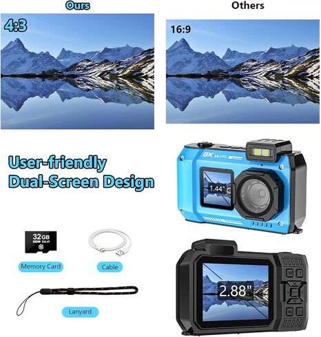 UHD 8K 70MP Floatable Underwater Camera, 33FT WiFi Waterproof Digital Camera Auto Focus Dual-Screen Selfie, 18X Zoom 2500mAh Battery with 32GB Card for Snorkeling in Saudi Arabia