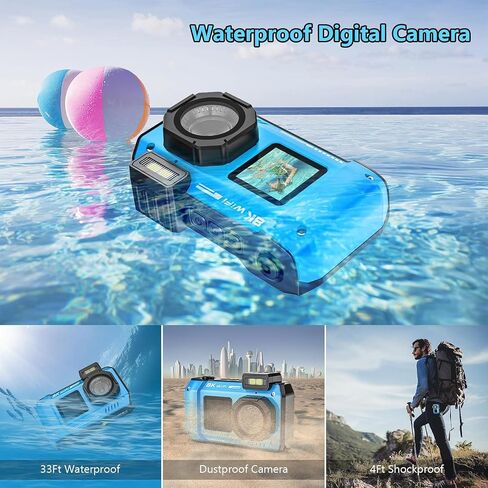 UHD 8K 70MP Floatable Underwater Camera, 33FT WiFi Waterproof Digital Camera Auto Focus Dual-Screen Selfie, 18X Zoom 2500mAh Battery with 32GB Card for Snorkeling in Saudi Arabia