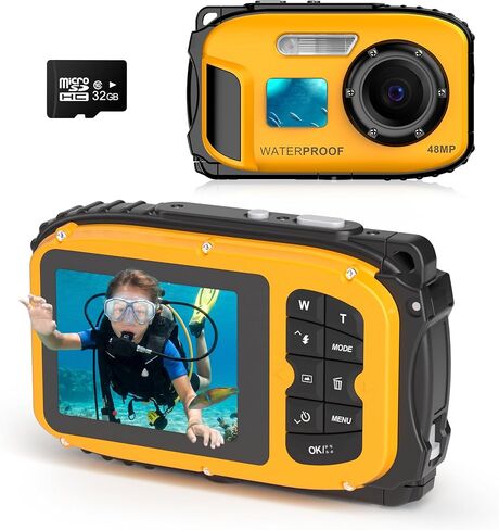 Floating Underwater Camera for Kids, Waterproof Digital Camera with 32GB Card, 48MP 4K Portable Snorkeling Camera for Pool Beach, Lightweight Rechargeable Floating Action Camera, Yellow in Kuwait