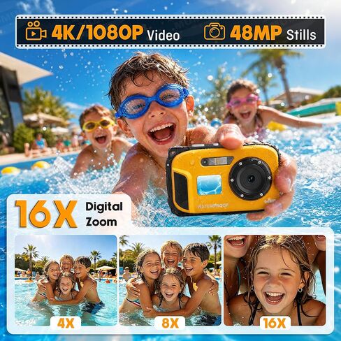 Floating Underwater Camera for Kids, Waterproof Digital Camera with 32GB Card, 48MP 4K Portable Snorkeling Camera for Pool Beach, Lightweight Rechargeable Floating Action Camera, Yellow in Kuwait