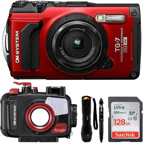 OM SYSTEM Olympus Tough TG-7 12MP 4K 2160p Underwater Digital Camera; Red (V110030RU000) Snorkeling Bundle with PT-059 Underwater Housing + Tactical Flashlight Pen Set + Sandisk 128GB Memory Card in Kuwait
