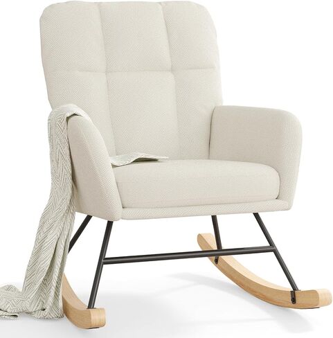 Nursery Rocking Chair Upholstered, High Backrest Glider Rocker Accent Chair with Padded Removable Cushion Comfy Nursing Chair for Living Room Bedroom Office, Beige in Kuwait
