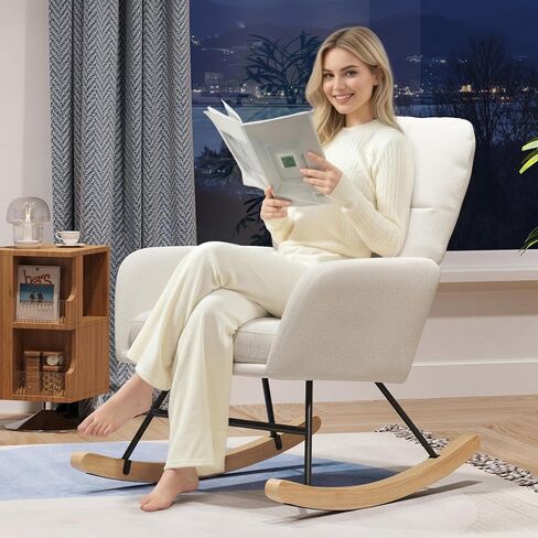 Nursery Rocking Chair Upholstered, High Backrest Glider Rocker Accent Chair with Padded Removable Cushion Comfy Nursing Chair for Living Room Bedroom Office, Beige in Kuwait
