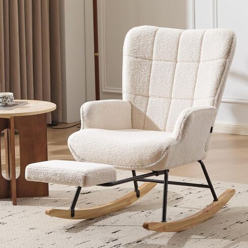 Furniliving Nursery Rocking Chair Modern Armchair Upholstered Glider Rocking Chair Accent Chair with Retractable Footrest Reading Chair with High Backrest Solid Wood Base for Bedroom, White, Teddy in Kuwait