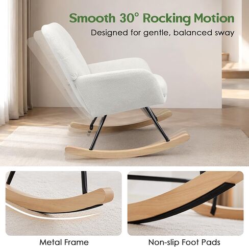Nursery Rocking Chair Upholstered, High Backrest Glider Rocker Accent Chair with Padded Removable Cushion Comfy Nursing Chair for Living Room Bedroom Office, Beige in Kuwait