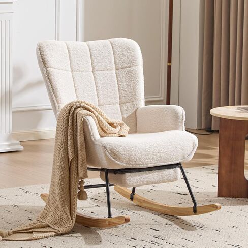 Furniliving Nursery Rocking Chair Modern Armchair Upholstered Glider Rocking Chair Accent Chair with Retractable Footrest Reading Chair with High Backrest Solid Wood Base for Bedroom, White, Teddy in Kuwait