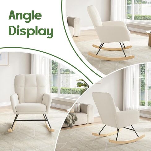 Nursery Rocking Chair Upholstered, High Backrest Glider Rocker Accent Chair with Padded Removable Cushion Comfy Nursing Chair for Living Room Bedroom Office, Beige in Kuwait