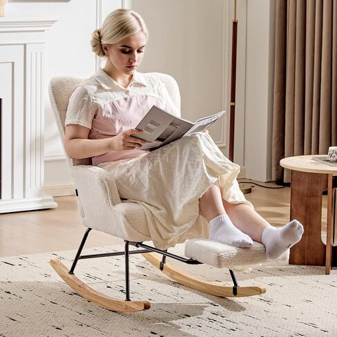 Furniliving Nursery Rocking Chair Modern Armchair Upholstered Glider Rocking Chair Accent Chair with Retractable Footrest Reading Chair with High Backrest Solid Wood Base for Bedroom, White, Teddy in Kuwait