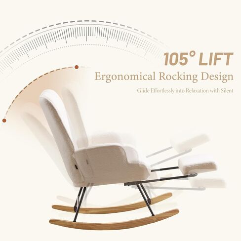 Furniliving Nursery Rocking Chair Modern Armchair Upholstered Glider Rocking Chair Accent Chair with Retractable Footrest Reading Chair with High Backrest Solid Wood Base for Bedroom, White, Teddy in Kuwait