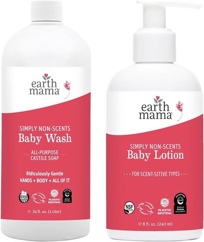 Earth Mama Simply Non-Scents Baby Wash & Lotion Bundle - Fragrance Free Castile Soap Body Wash 6.27oz + Calendula Baby Lotion 8oz - Sensitive Skin & Newborn Skin Care with Coconut Oil, Shea Butter in Saudi Arabia