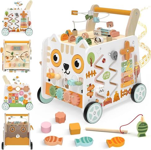 Weilim Wooden Baby Walker - 16-in-1 Montessori Push Walker Toys, 12 Months+ | Height Adjustable Activity Center with Bead Maze, Shape Sorter & Xylophone | Non-Slip Wheels, BPA-Free, Gift for Boys & Girls in Kuwait