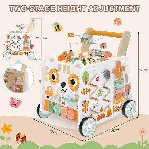 Weilim Wooden Baby Walker - 16-in-1 Montessori Push Walker Toys, 12 Months+ | Height Adjustable Activity Center with Bead Maze, Shape Sorter & Xylophone | Non-Slip Wheels, BPA-Free, Gift for Boys & Girls in Kuwait