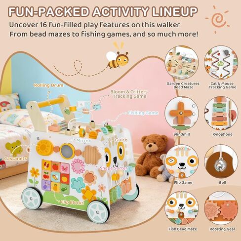 Weilim Wooden Baby Walker - 16-in-1 Montessori Push Walker Toys, 12 Months+ | Height Adjustable Activity Center with Bead Maze, Shape Sorter & Xylophone | Non-Slip Wheels, BPA-Free, Gift for Boys & Girls in Kuwait