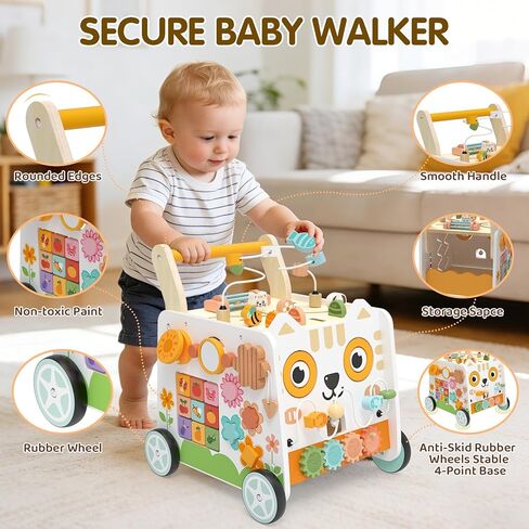 Weilim Wooden Baby Walker - 16-in-1 Montessori Push Walker Toys, 12 Months+ | Height Adjustable Activity Center with Bead Maze, Shape Sorter & Xylophone | Non-Slip Wheels, BPA-Free, Gift for Boys & Girls in Kuwait