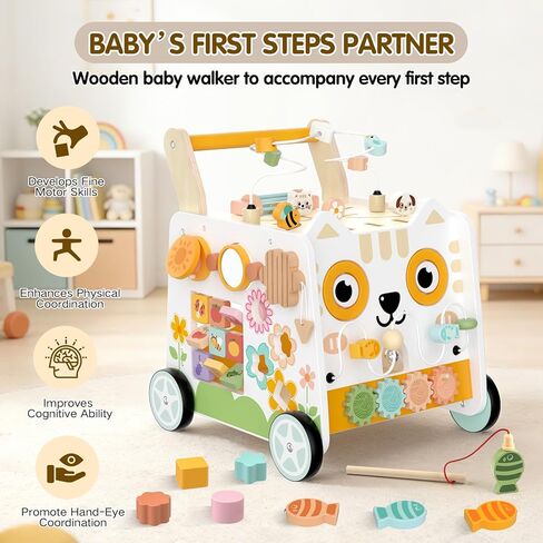 Weilim Wooden Baby Walker - 16-in-1 Montessori Push Walker Toys, 12 Months+ | Height Adjustable Activity Center with Bead Maze, Shape Sorter & Xylophone | Non-Slip Wheels, BPA-Free, Gift for Boys & Girls in Kuwait
