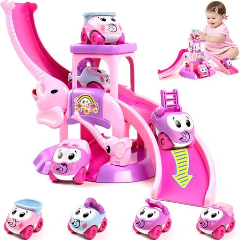 Toys for 1 2 Year Old Girl Gifts: Elephant Car Race Track for Toddler 1-3 | First Birthday Present for Girls with 4 Mini Push Cars, Educational Baby Slide Toy, Learning Push Car Ramp Toy Age 1-2 in Kuwait
