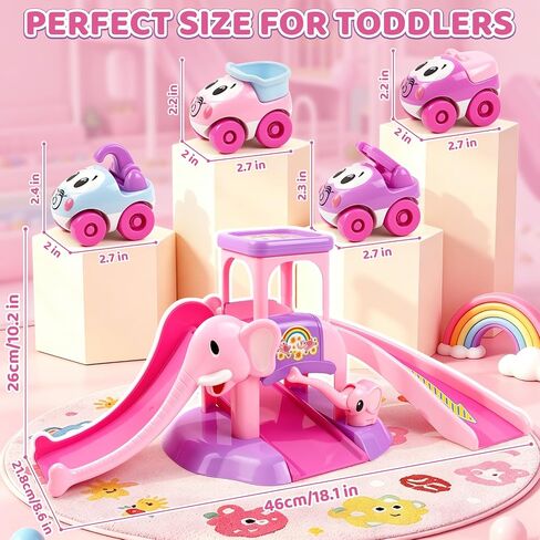 Toys for 1 2 Year Old Girl Gifts: Elephant Car Race Track for Toddler 1-3 | First Birthday Present for Girls with 4 Mini Push Cars, Educational Baby Slide Toy, Learning Push Car Ramp Toy Age 1-2 in Kuwait