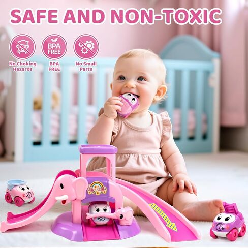 Toys for 1 2 Year Old Girl Gifts: Elephant Car Race Track for Toddler 1-3 | First Birthday Present for Girls with 4 Mini Push Cars, Educational Baby Slide Toy, Learning Push Car Ramp Toy Age 1-2 in Kuwait