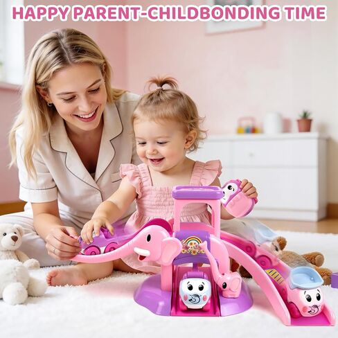 Toys for 1 2 Year Old Girl Gifts: Elephant Car Race Track for Toddler 1-3 | First Birthday Present for Girls with 4 Mini Push Cars, Educational Baby Slide Toy, Learning Push Car Ramp Toy Age 1-2 in Kuwait