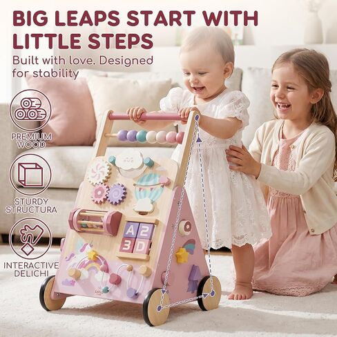 Lehoo Castle Unicorn Wooden Baby Walker, Adjustable Speed Baby Push Walker | Baby Walker with 10-in-1 Activity Center, Montessori Walker Toy for 1 Year Old Girls Learning to Walk in Kuwait