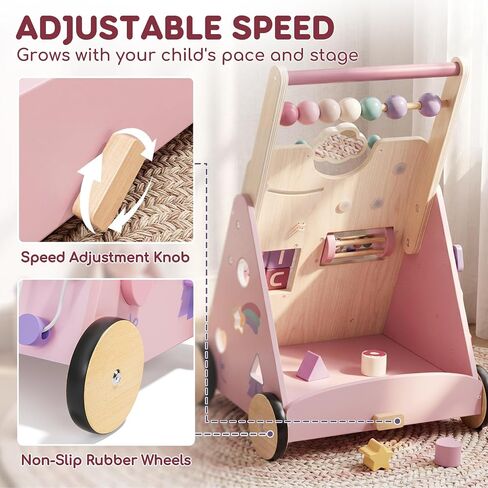 Lehoo Castle Unicorn Wooden Baby Walker, Adjustable Speed Baby Push Walker | Baby Walker with 10-in-1 Activity Center, Montessori Walker Toy for 1 Year Old Girls Learning to Walk in Kuwait