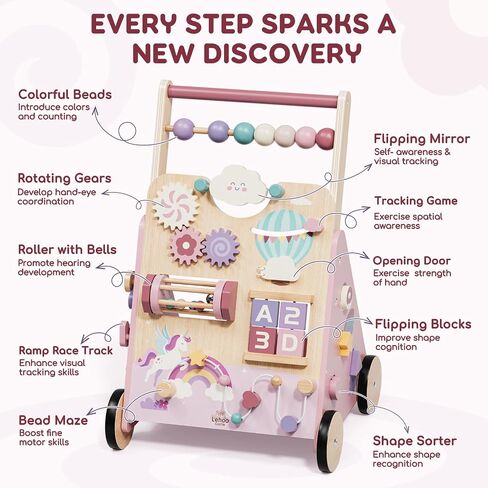 Lehoo Castle Unicorn Wooden Baby Walker, Adjustable Speed Baby Push Walker | Baby Walker with 10-in-1 Activity Center, Montessori Walker Toy for 1 Year Old Girls Learning to Walk in Kuwait