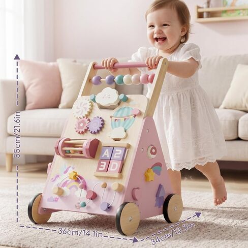 Lehoo Castle Unicorn Wooden Baby Walker, Adjustable Speed Baby Push Walker | Baby Walker with 10-in-1 Activity Center, Montessori Walker Toy for 1 Year Old Girls Learning to Walk in Kuwait