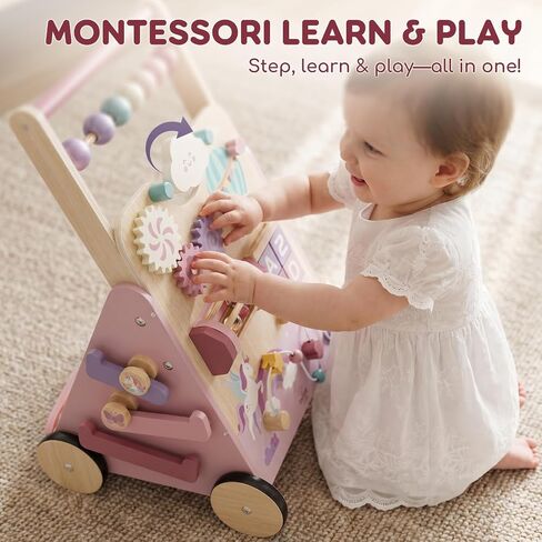 Lehoo Castle Unicorn Wooden Baby Walker, Adjustable Speed Baby Push Walker | Baby Walker with 10-in-1 Activity Center, Montessori Walker Toy for 1 Year Old Girls Learning to Walk in Kuwait
