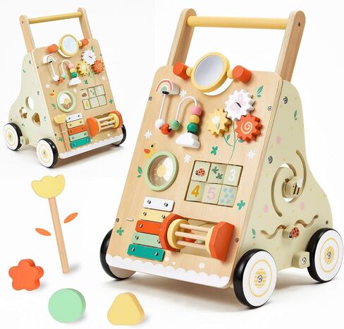 Wooden Baby Push Walker for 1 Year Old, Montessori Wood Walking Toy | with Adjustable Speed and Silent Rubber Wheels, 9-in-1 Activity Center Gift for Babies 6-12 Months in Kuwait